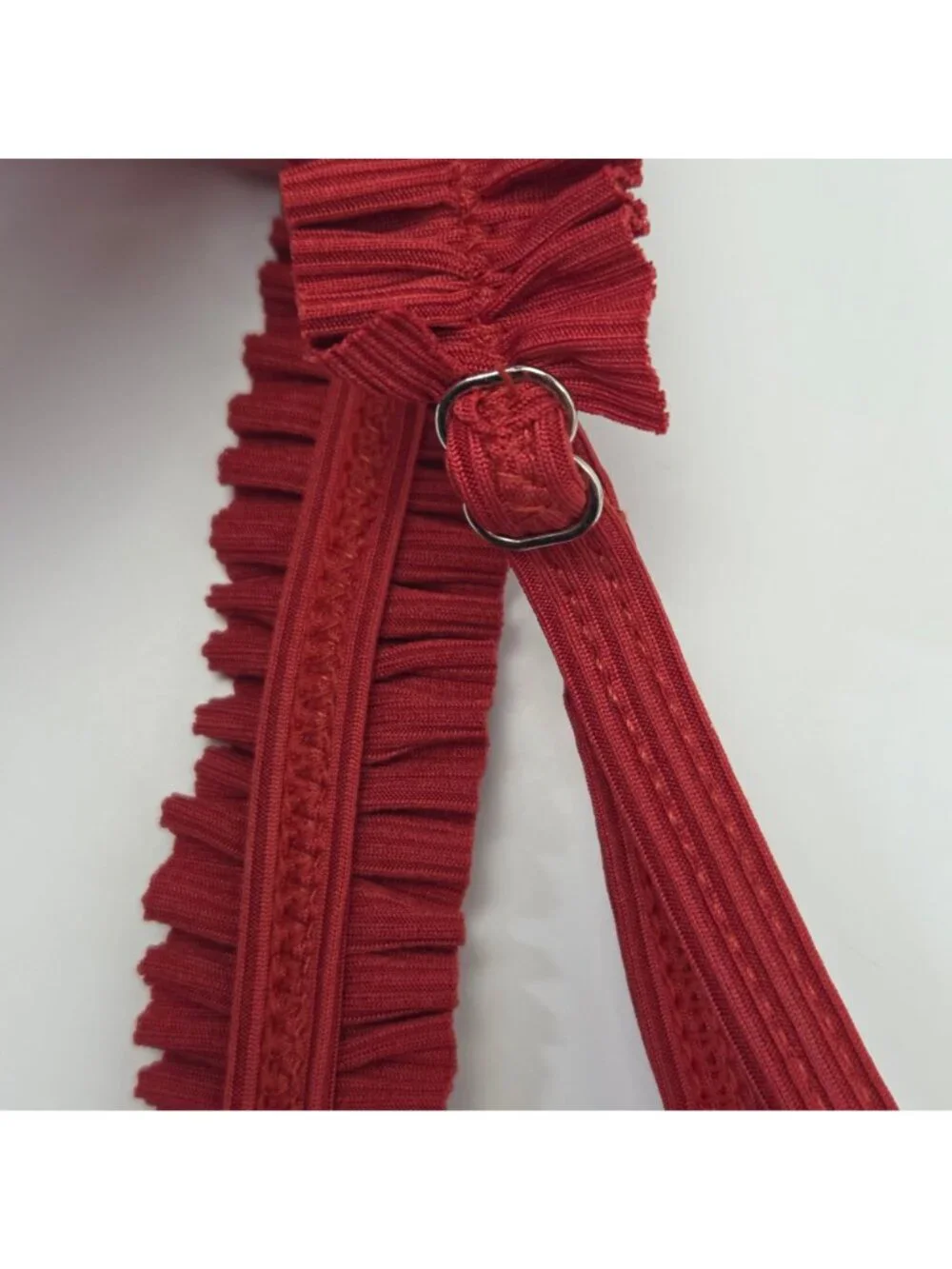 Zaful Ribbed Bikini Set W/ Ruffled Straps & High-Leg Bottoms Cranberry Size M - Picture 12 of 15
